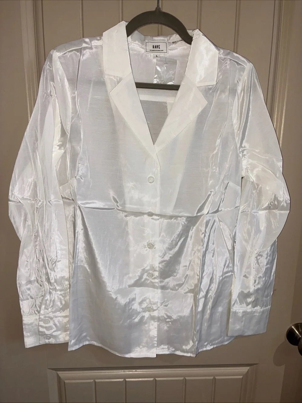 HAVE Shiny White Satin Button-Front Shirt - Picture 1 of 7